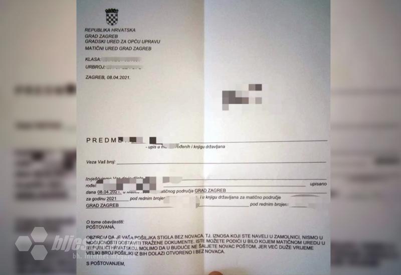 Dopis Grada Zagreba objavljen na društvenim mrežama - Slanje novca poštom: 
